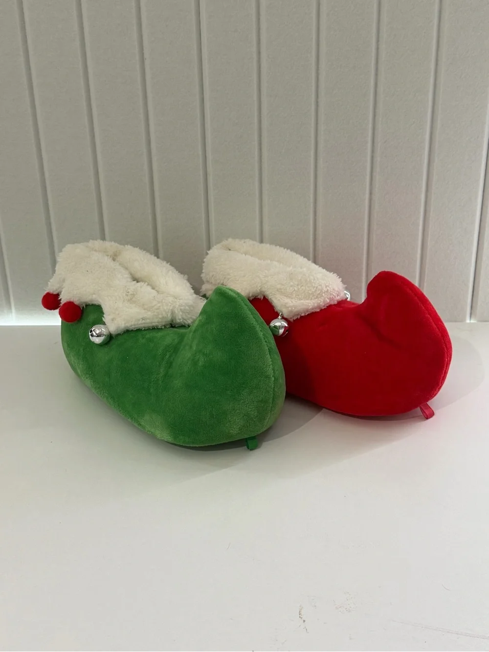 Kids Holiday Elf Slipper Pair - Red & Green with Faux Fur Trim